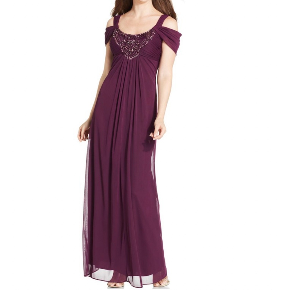 NWT Alex‎ Evenings Plum Purple Beaded Cold Shoulder Chiffon Maxi Dress Size 6
